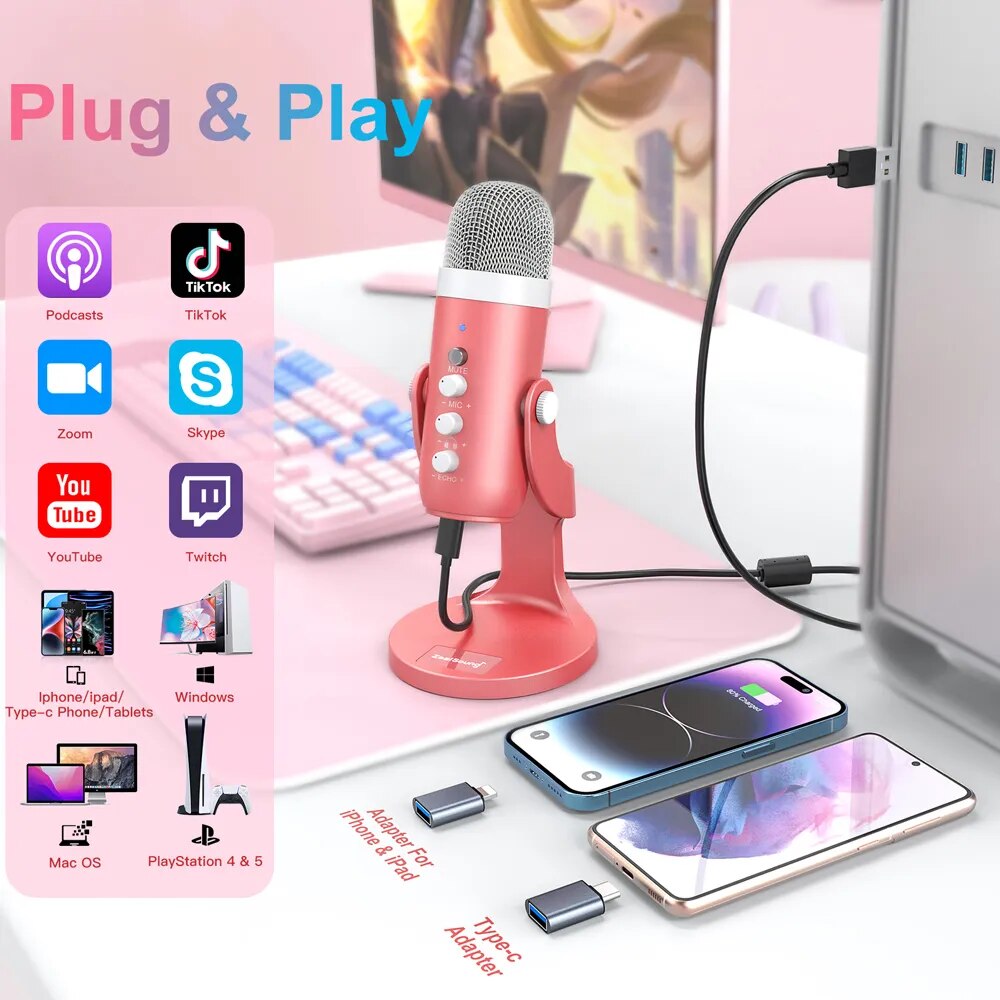 Haomuren USB 콘덴서 마이크, 핑크 스튜디오  - Pc Gaming Pink 리뷰 및 가격